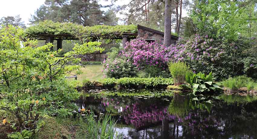  Tyska Damm i Vargaslättens trädgård i Simlångsdalen i Halmstad. Teich im Garten von Vargaslätten in Simlångsdalen in Halmstad.