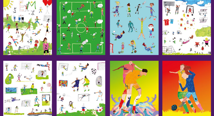 Åtta collage skapade av skolklasser från Halland i samband med UEFA F17-EM 2020